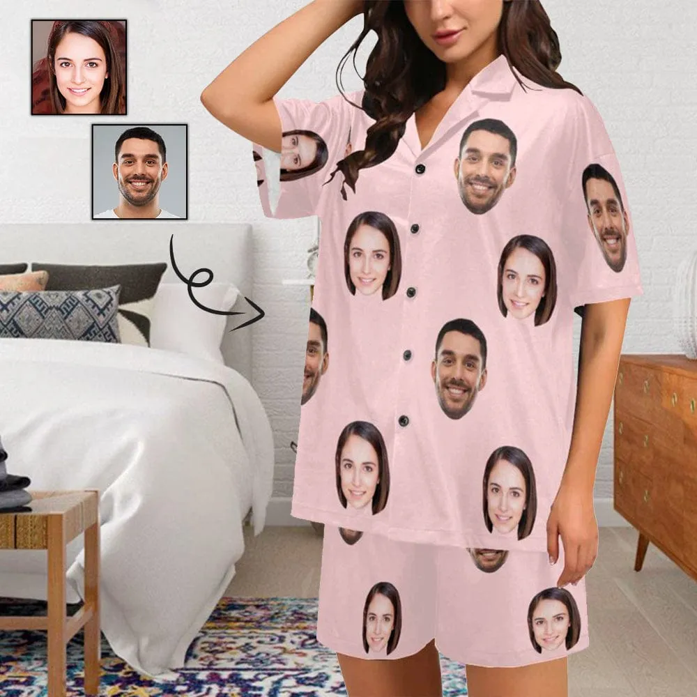 #Plus Size Pajama Set-[Up To 4 Faces] Custom Face Solid Color Loungewear Personalized Photo Sleepwear Women's V-Neck Short Pajama Set