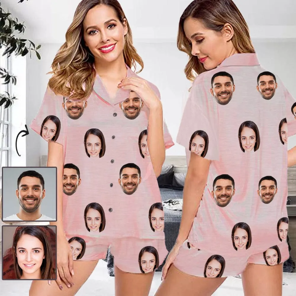 #Plus Size Pajama Set-[Up To 4 Faces] Custom Face Solid Color Loungewear Personalized Photo Sleepwear Women's V-Neck Short Pajama Set