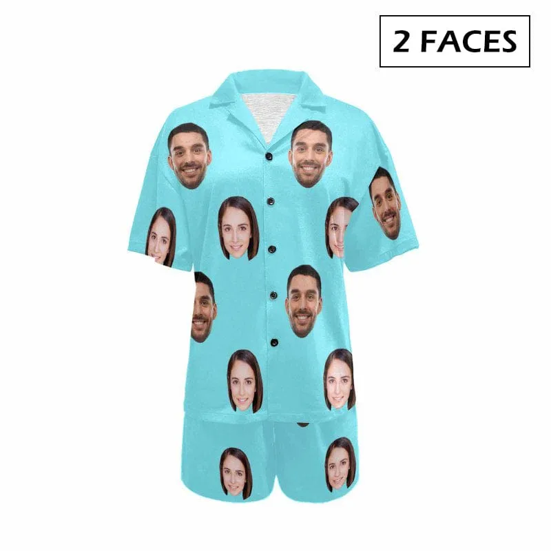 #Plus Size Pajama Set-[Up To 4 Faces] Custom Face Solid Color Loungewear Personalized Photo Sleepwear Women's V-Neck Short Pajama Set