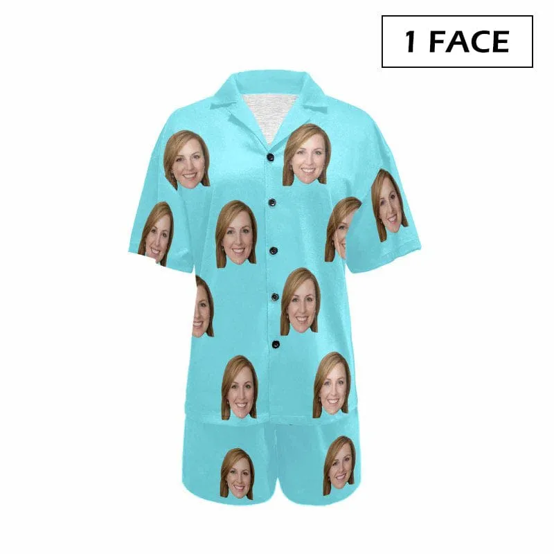 #Plus Size Pajama Set-[Up To 4 Faces] Custom Face Solid Color Loungewear Personalized Photo Sleepwear Women's V-Neck Short Pajama Set