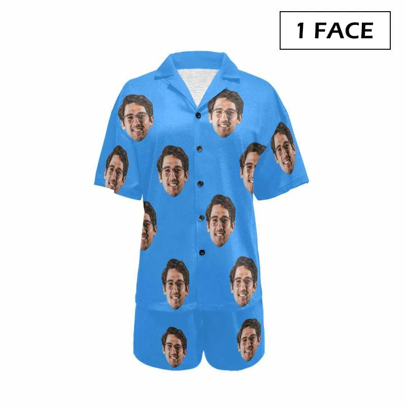 #Plus Size Pajama Set-[Up To 4 Faces] Custom Face Solid Color Loungewear Personalized Photo Sleepwear Women's V-Neck Short Pajama Set