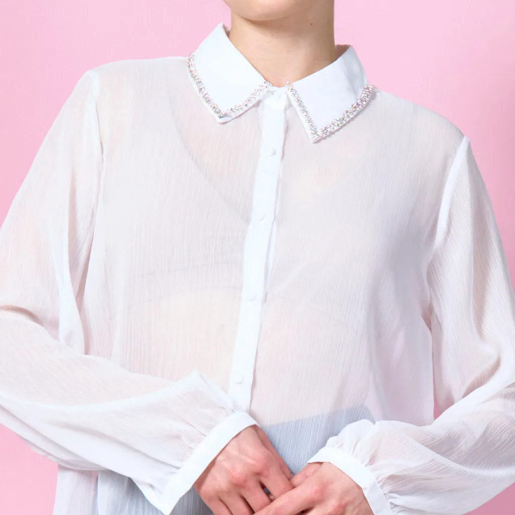 See-through shirt with rhinestones on the collar wholesale