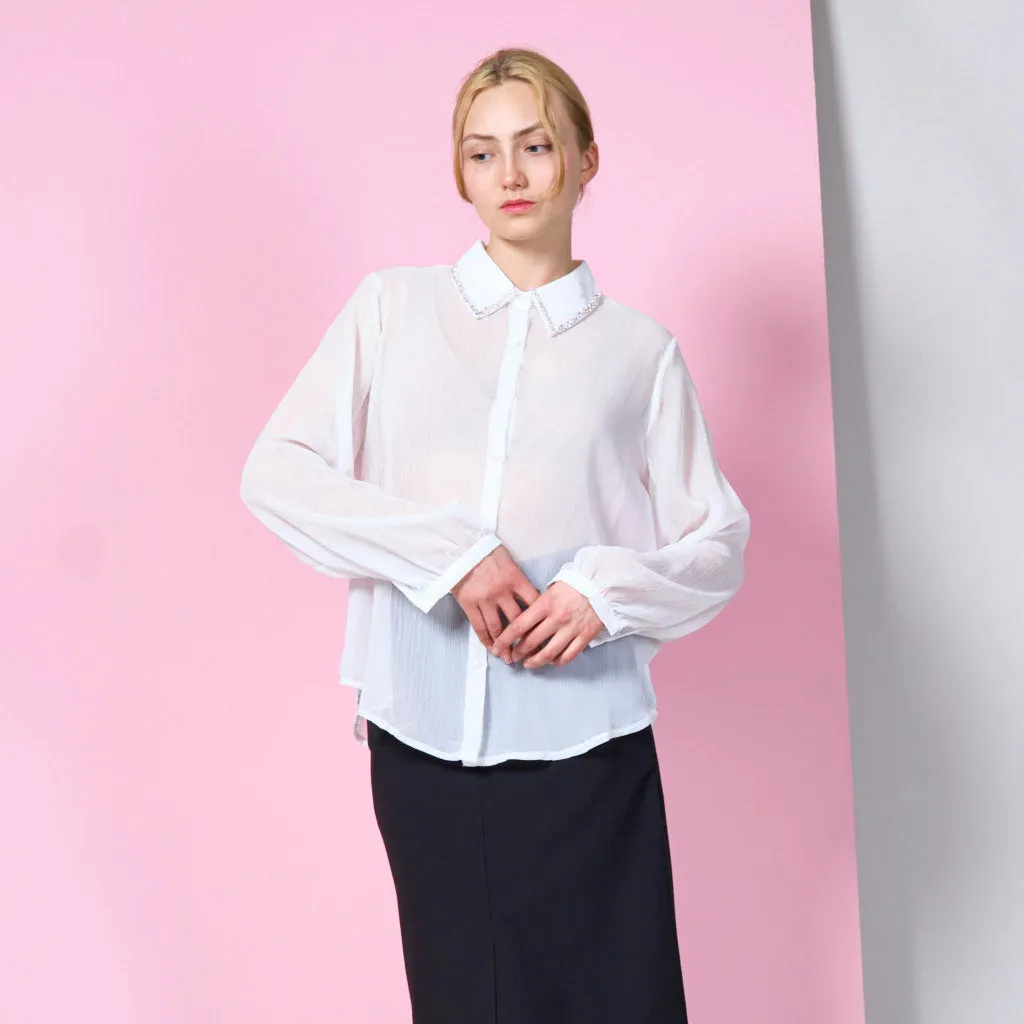 See-through shirt with rhinestones on the collar wholesale