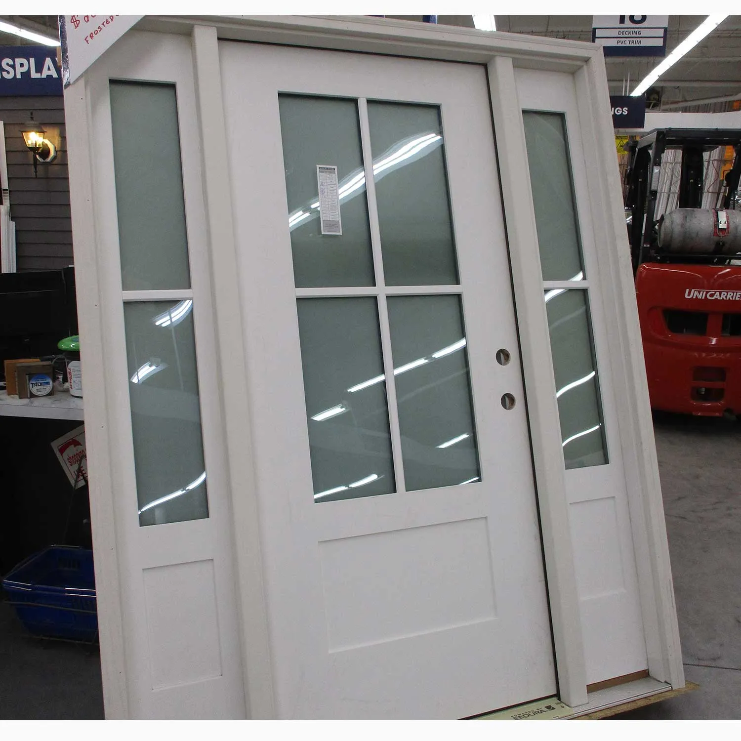 Surplus 3'0 x 6'8 Satin Smooth Fiberglass Flush Glazed Door with 4-Lite SDL and Sidelites