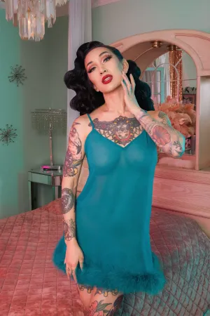 Teal Feather Trim Babydoll