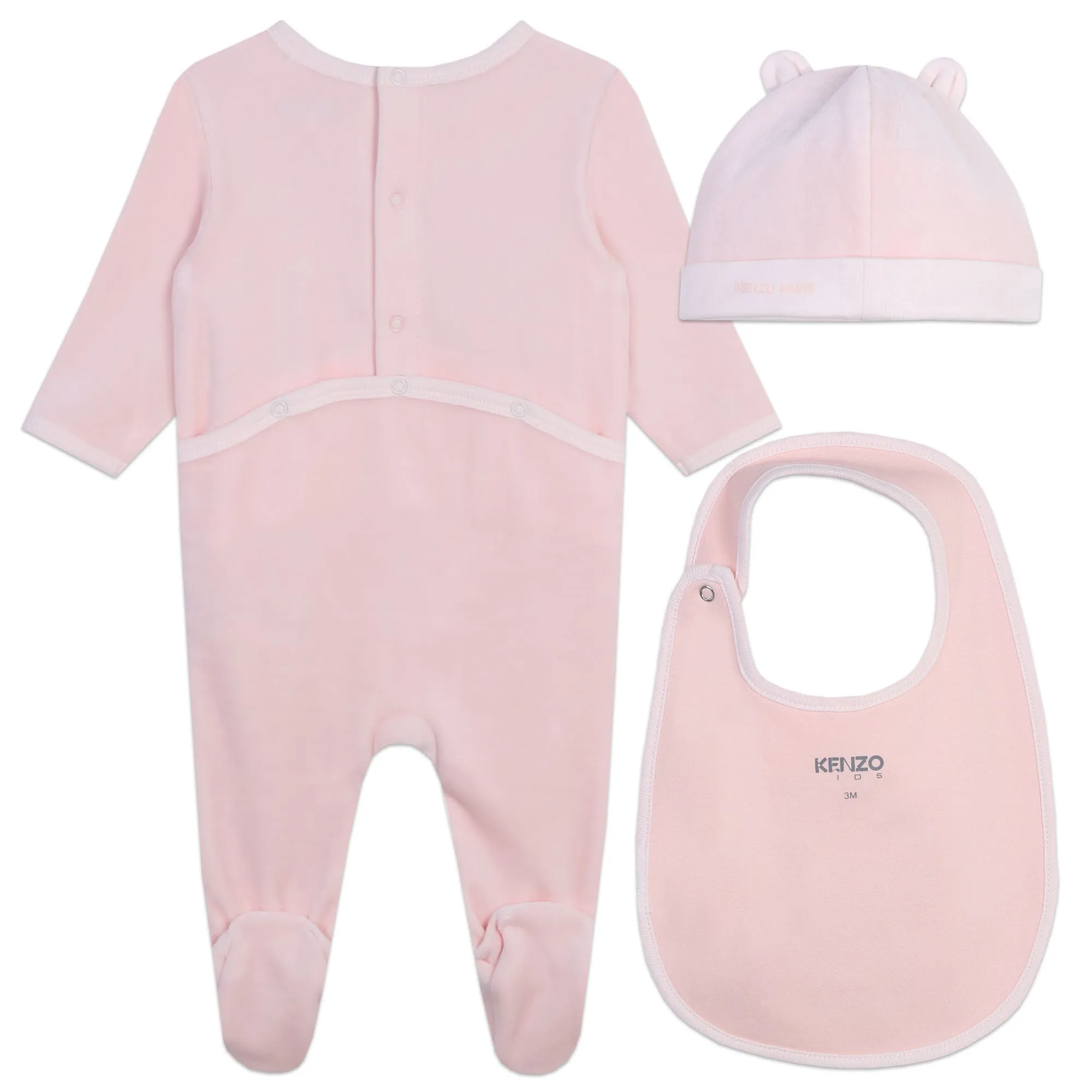 Veiled Pink Velour Footie   Hat   Bib Set