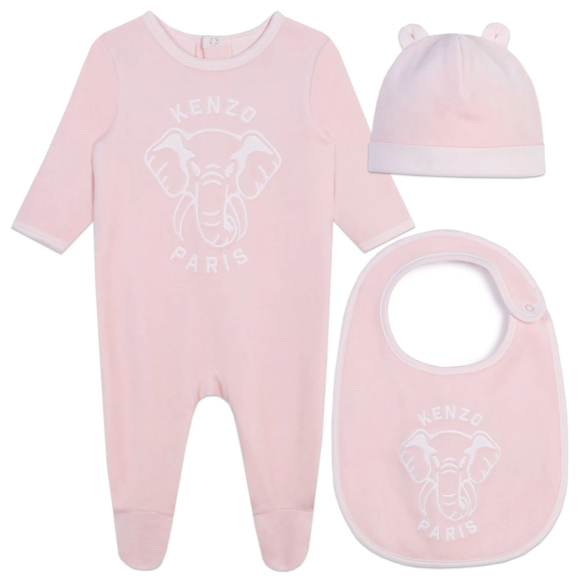 Veiled Pink Velour Footie   Hat   Bib Set