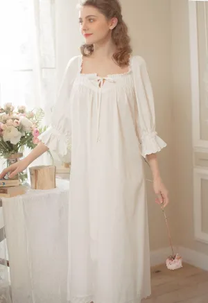 Vintage Cotton Nightgown, Victorian Nightgown, Elegant Sweet Royal White Nightdress