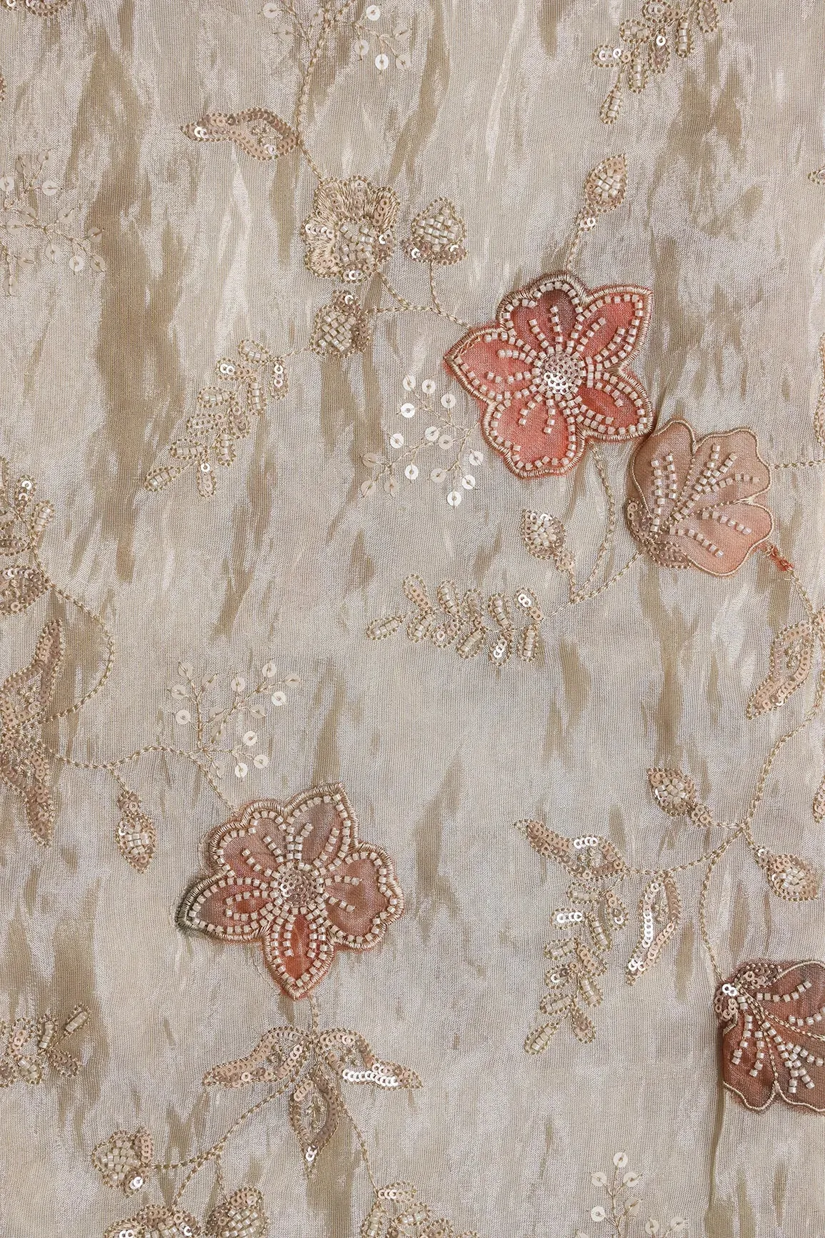 White Beads With Sequins Floral Embroidery On Dyeable Viscose Zari Tissue Fabric