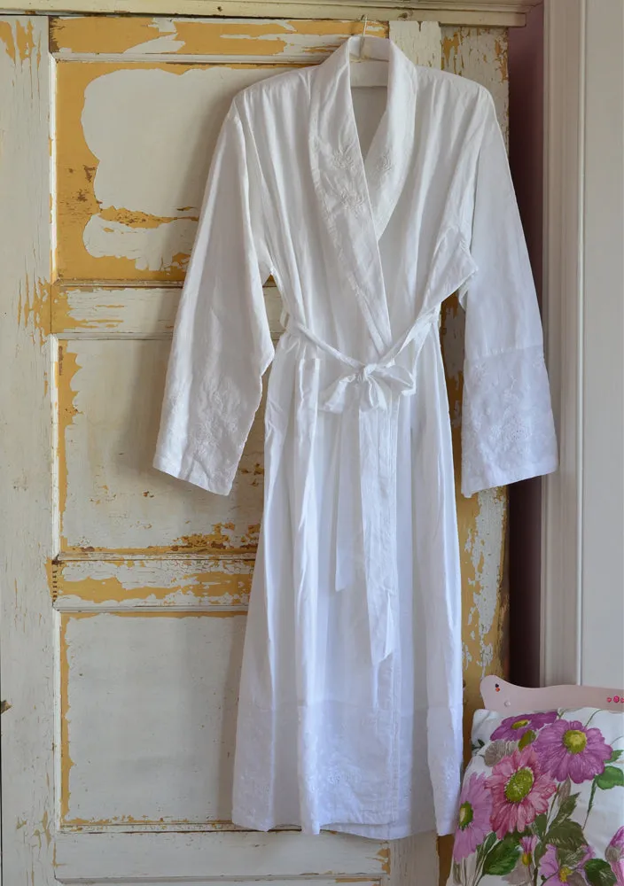 White Cotton Rose Embroidered Dressing Gown