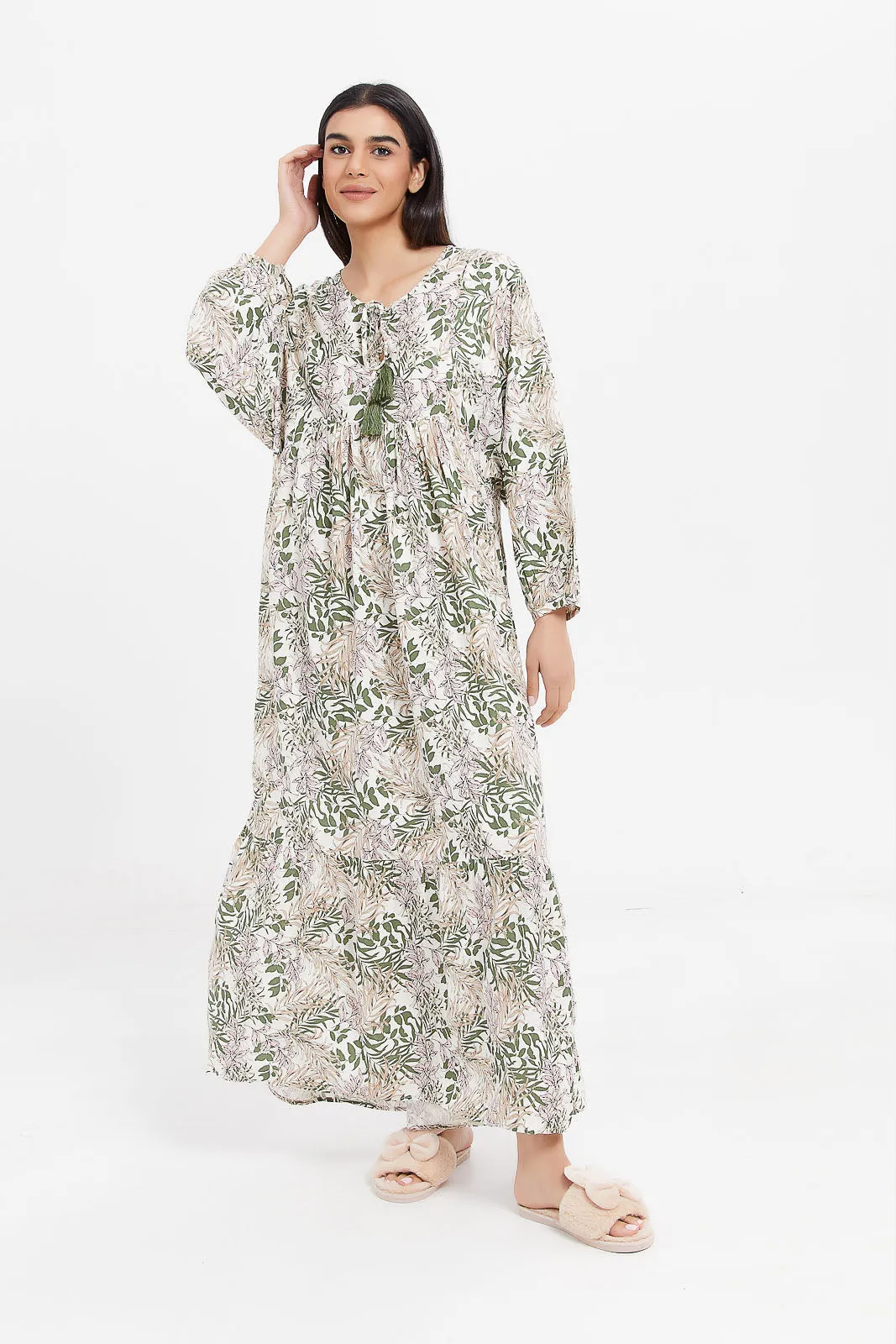 Women Beige And Mint Printed Nightgown