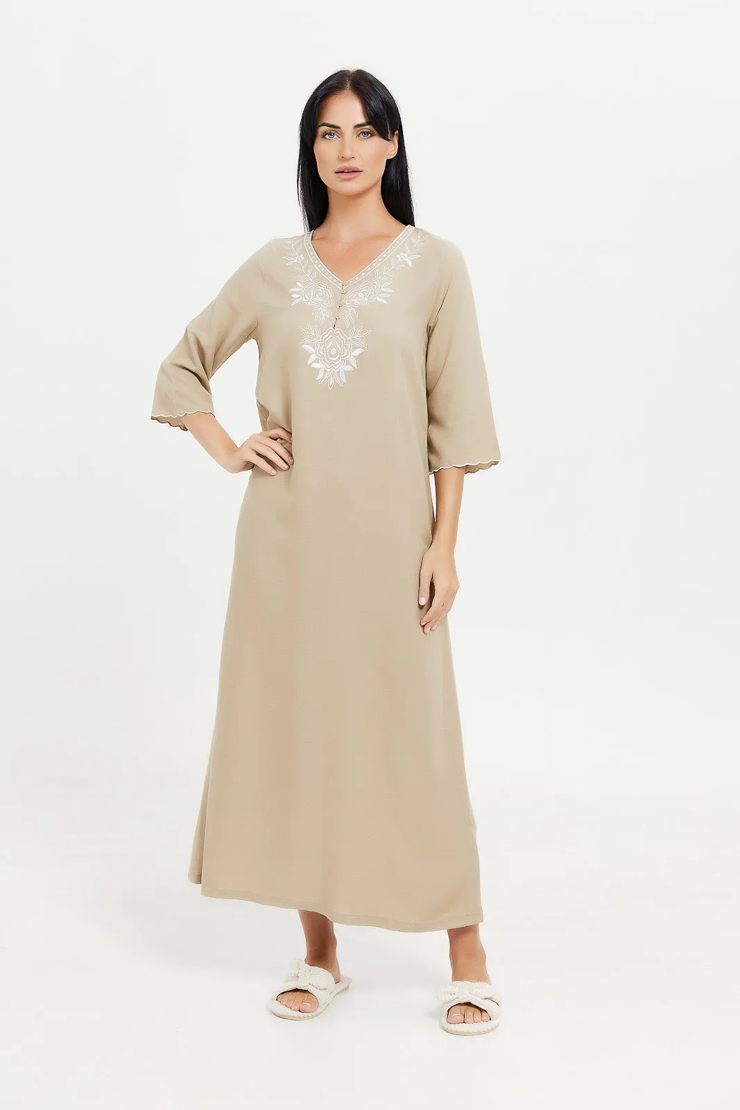 Women Beige Embroidered Nightgown