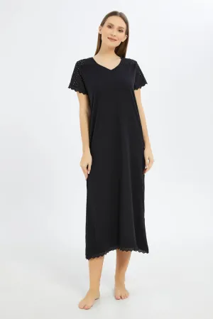 Women Black Embellished Nightgown