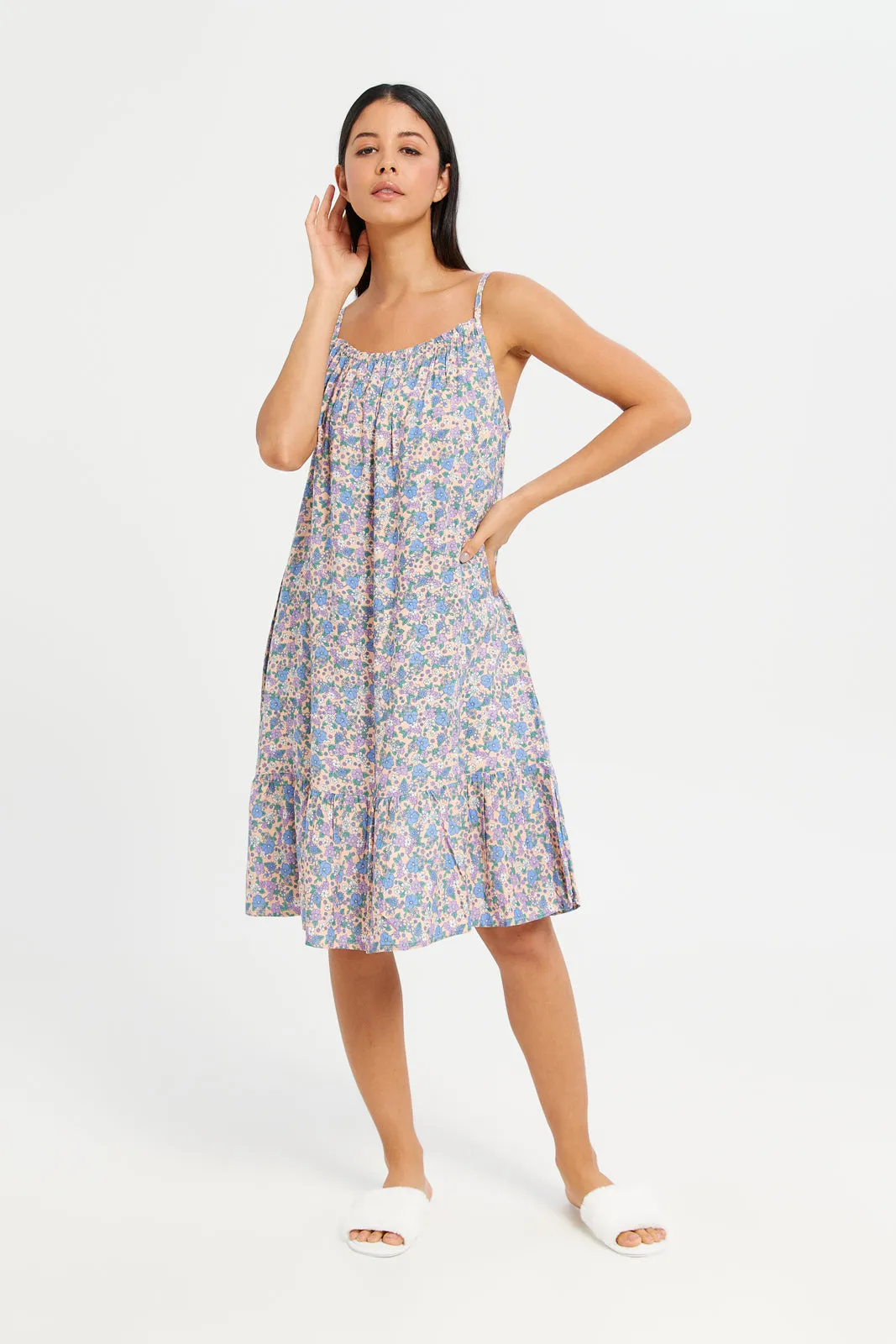 Women Blue Floral Printed Nightgown