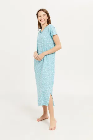 Women Blue Printed Short Sleeves Nightgown