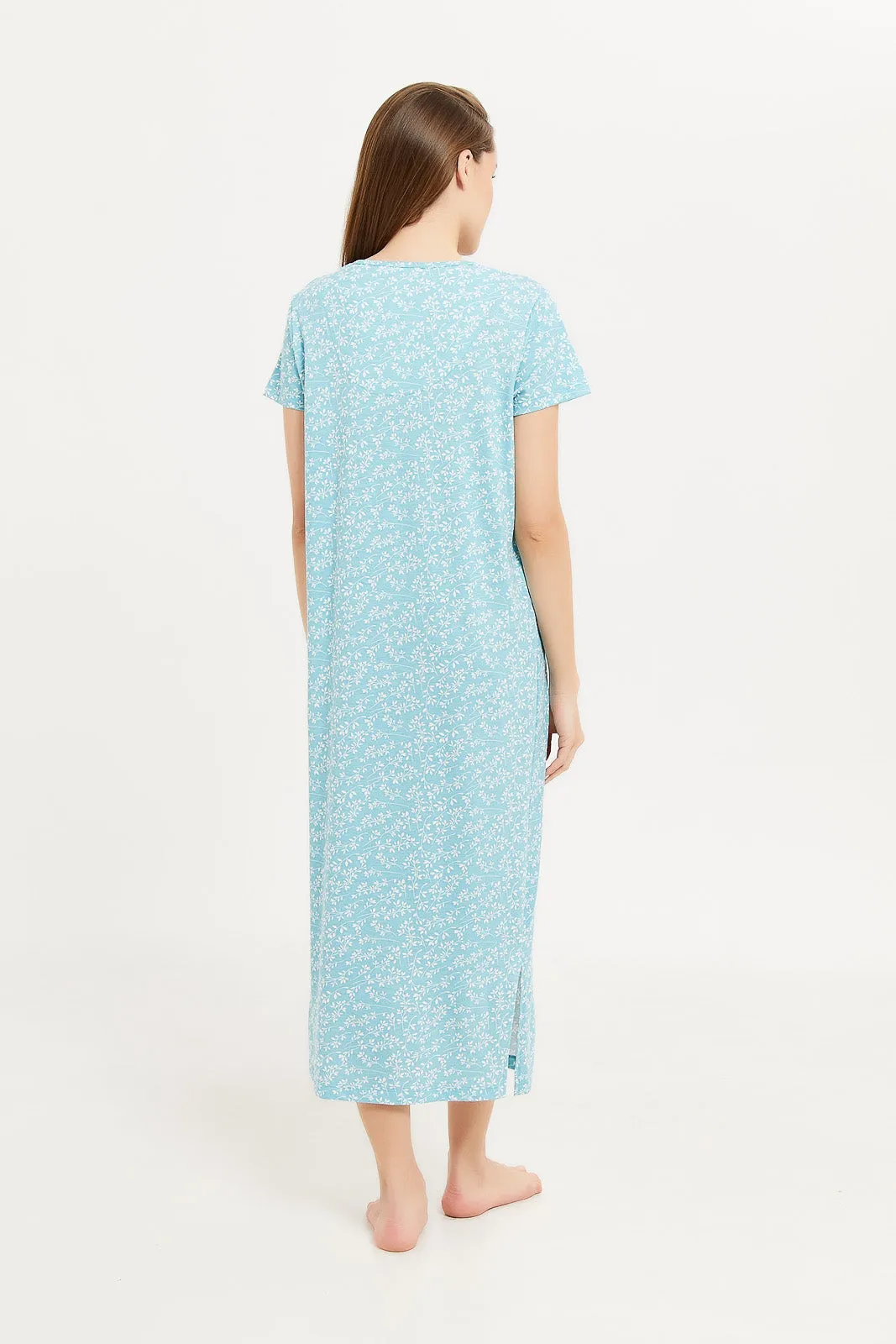 Women Blue Printed Short Sleeves Nightgown