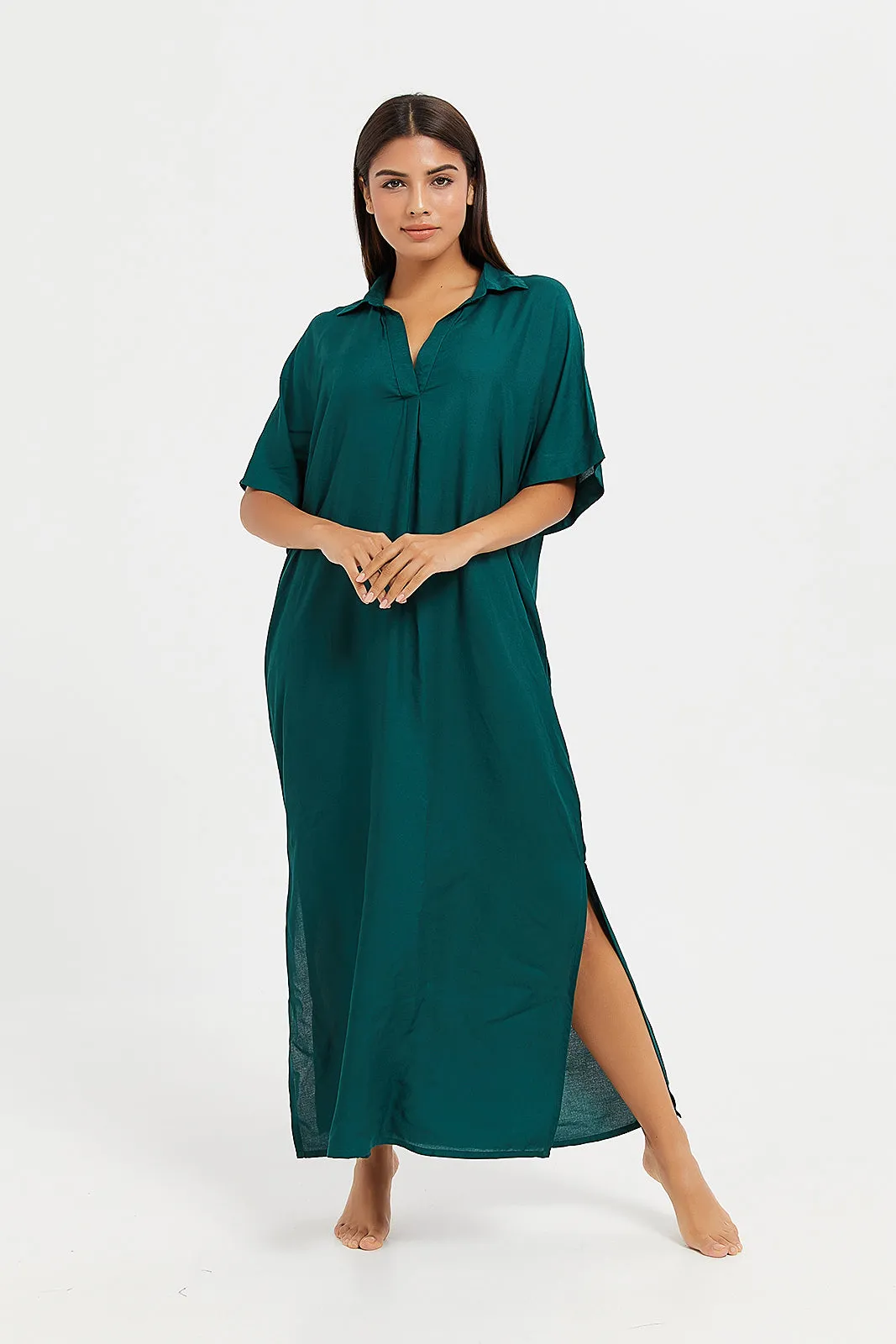 Women Green Plain Collar Nightgown