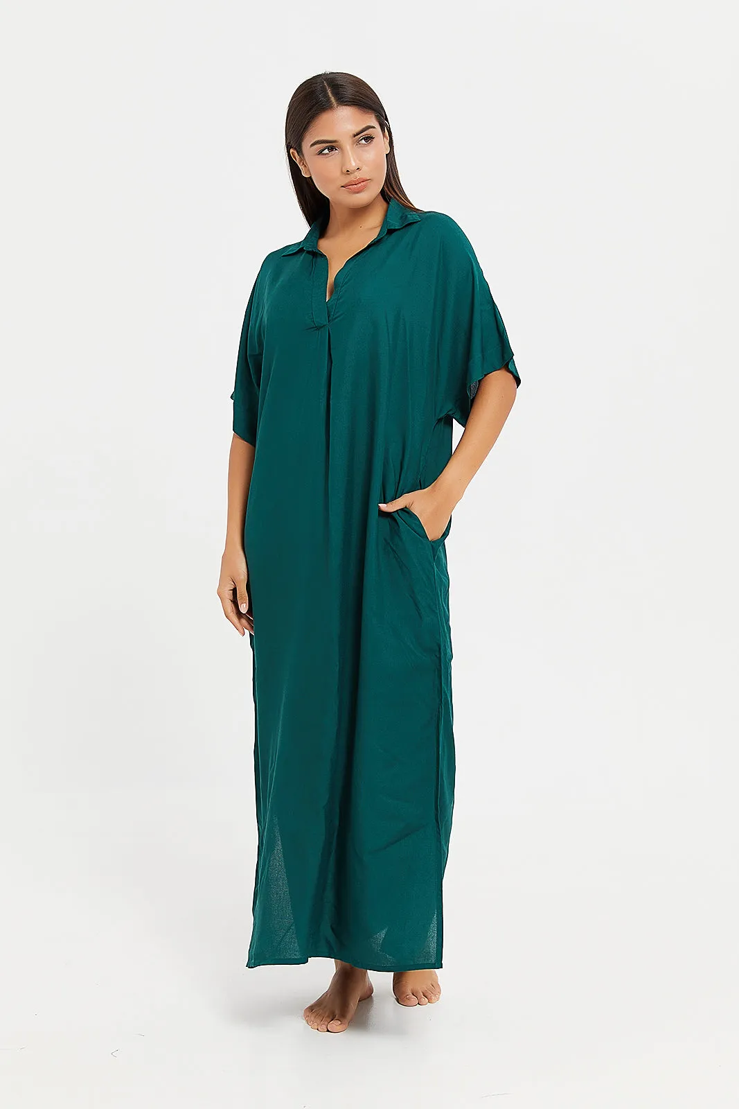 Women Green Plain Collar Nightgown