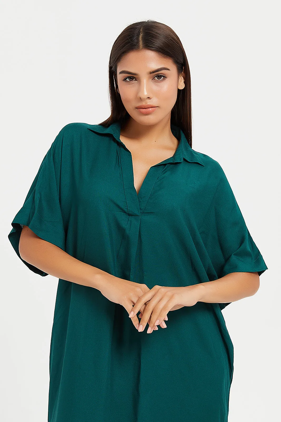 Women Green Plain Collar Nightgown