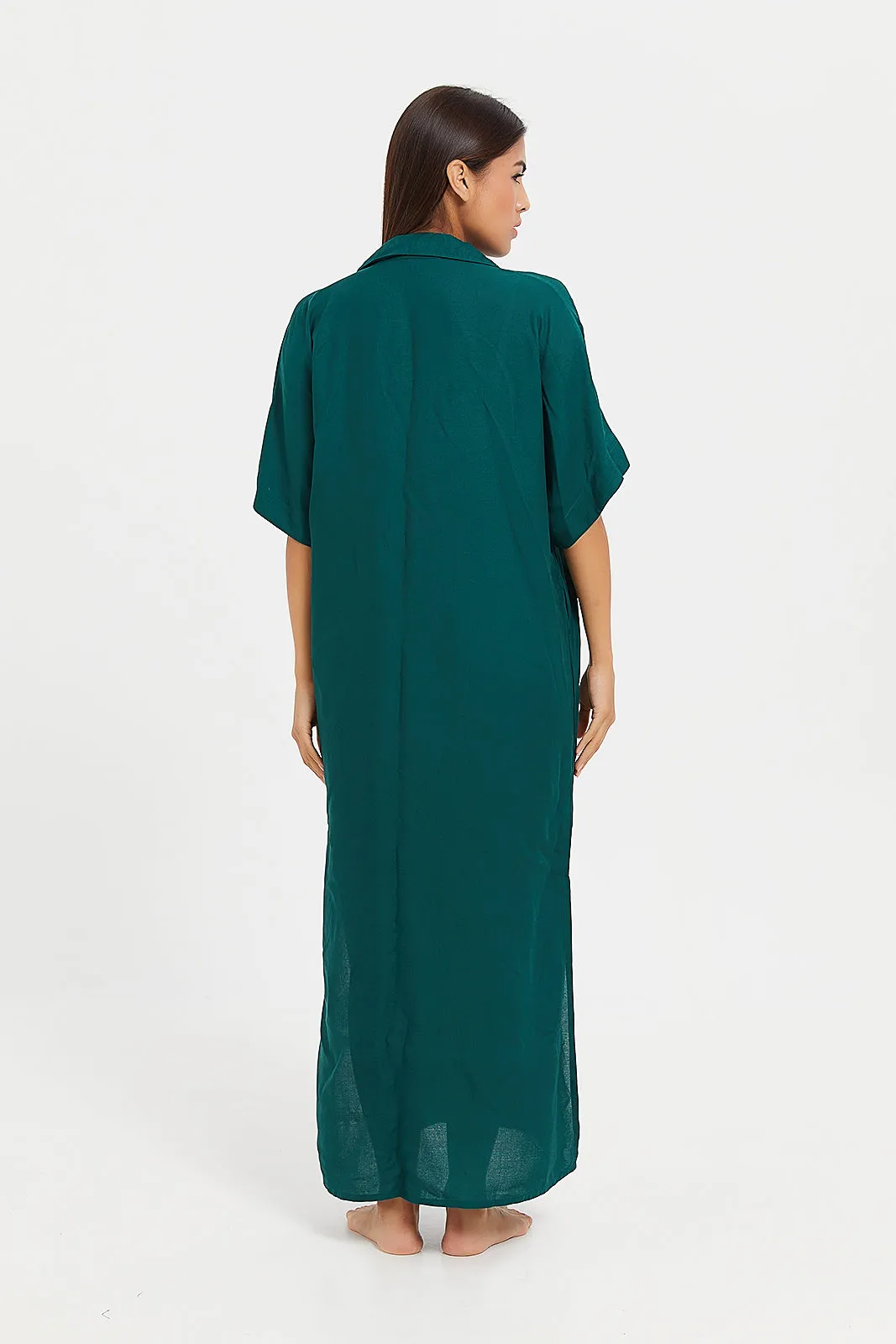 Women Green Plain Collar Nightgown