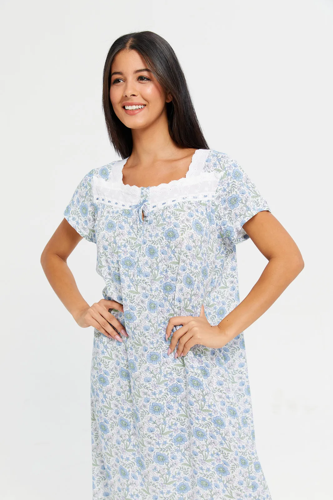 Women Ivory And Blue Printed Nightgown