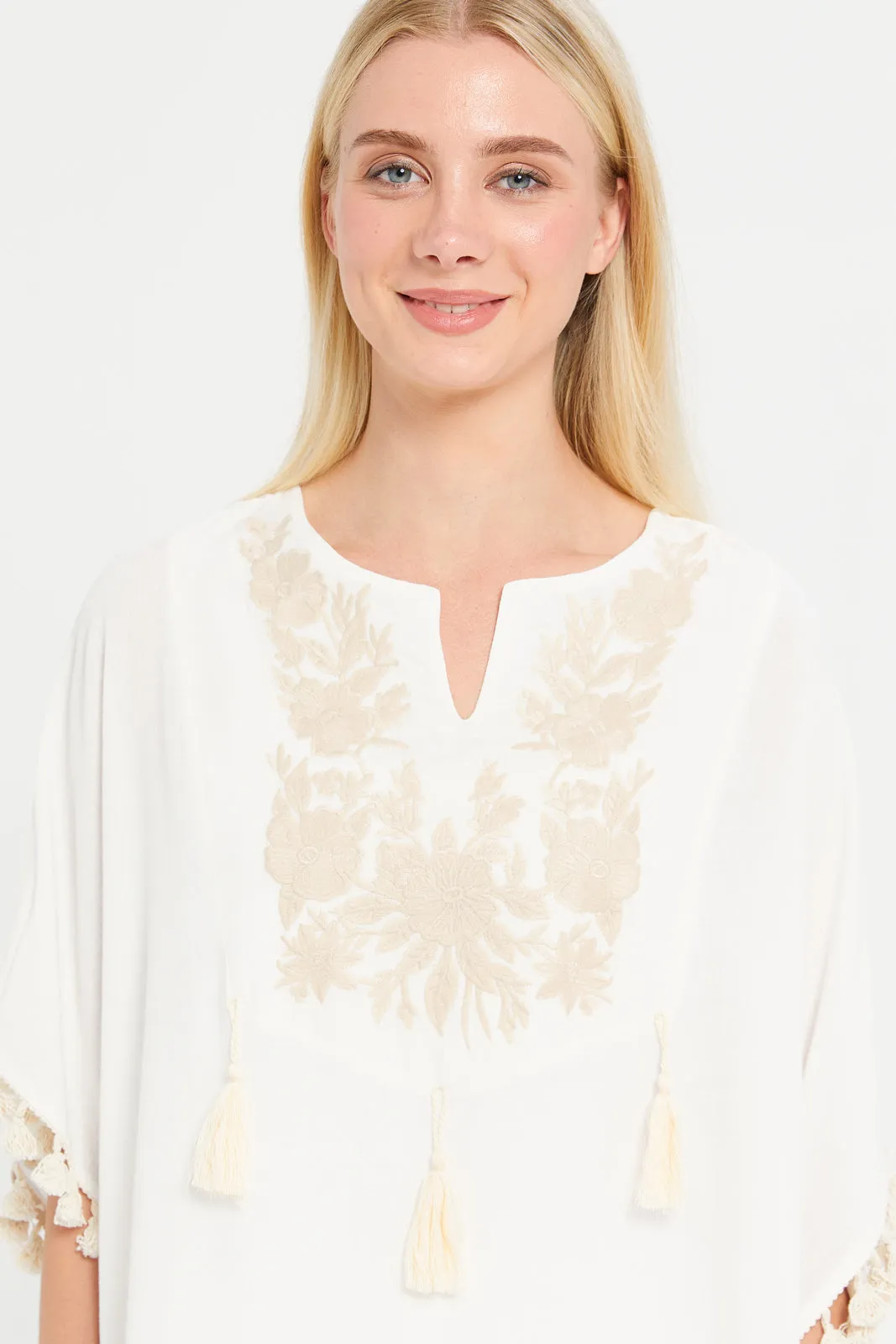 Women Ivory Embroidered Kaftan Nightgown