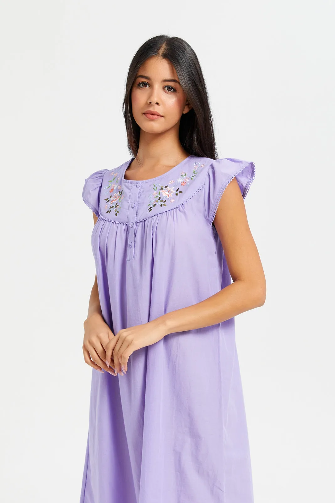 Women Lilac Embroidered Nightgown