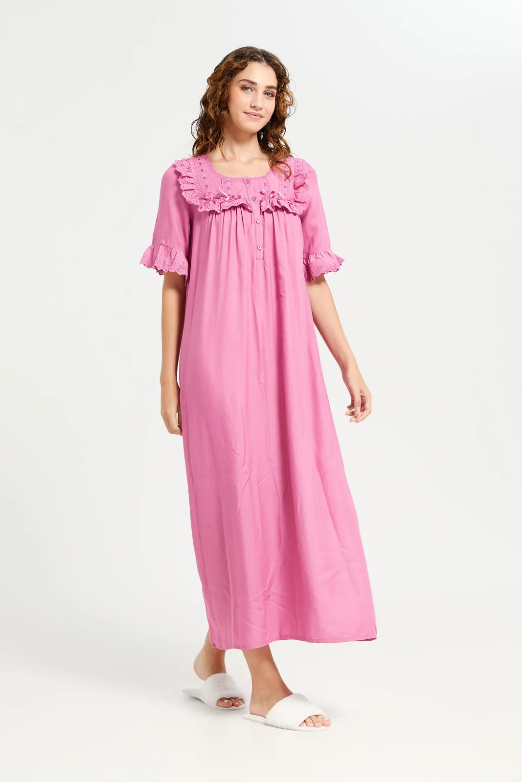 Women Mauve Embellished Bow Nightgown