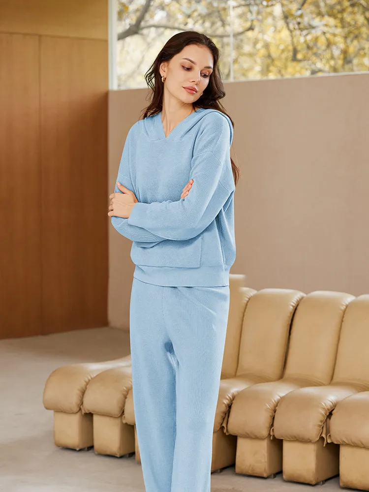 Women Pullover Hoodie Matching Wide Leg Pants Loose Knitted Sweatsuit with Pocket