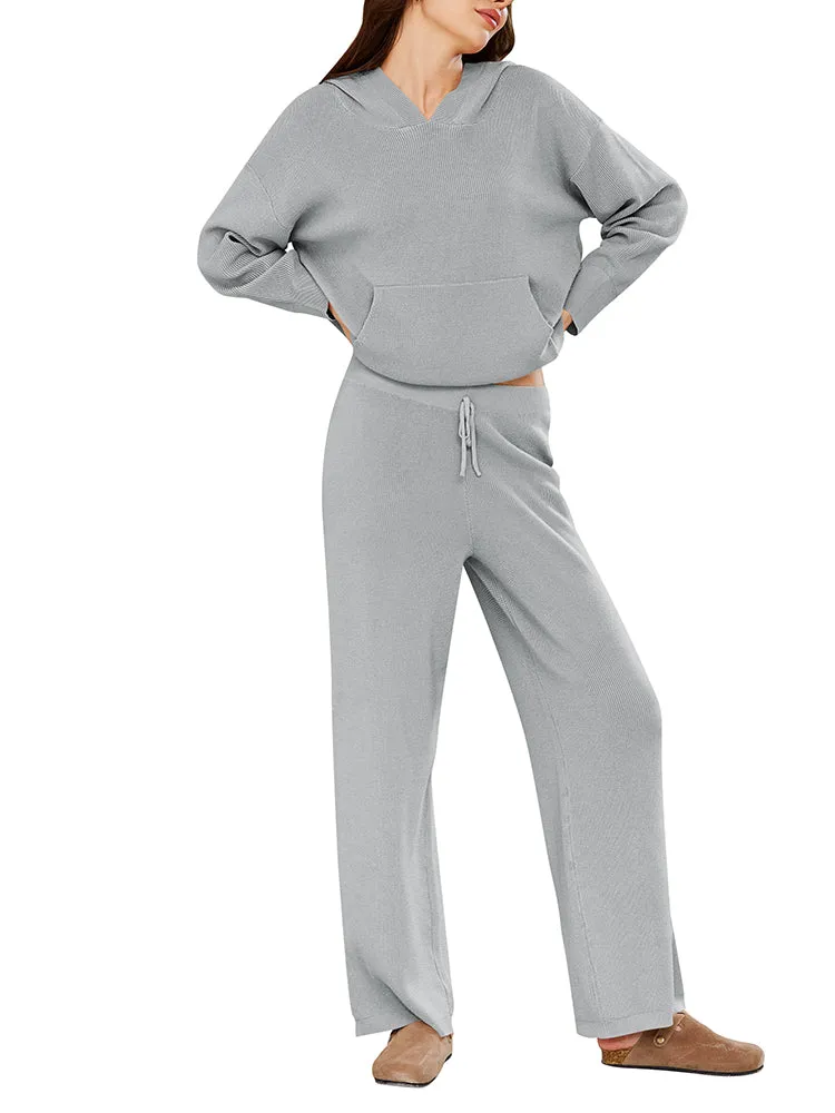 Women Pullover Hoodie Matching Wide Leg Pants Loose Knitted Sweatsuit with Pocket