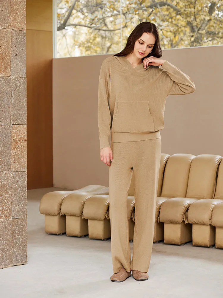 Women Pullover Hoodie Matching Wide Leg Pants Loose Knitted Sweatsuit with Pocket