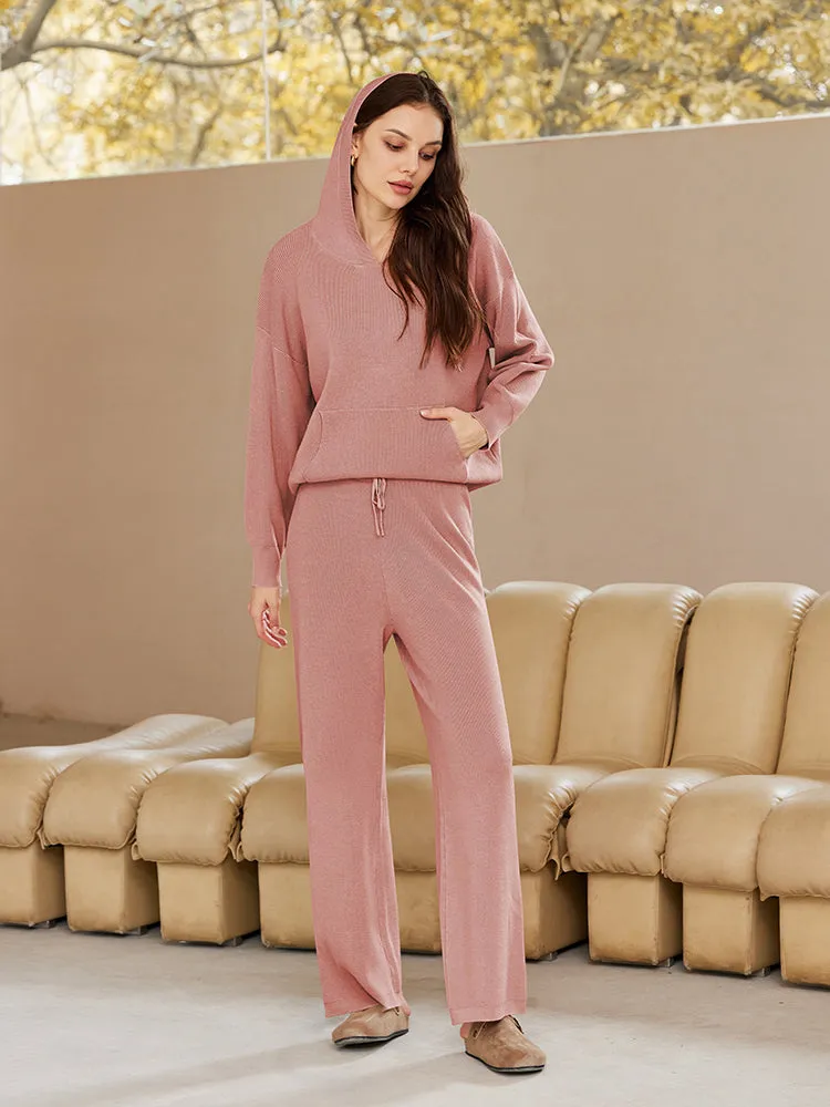 Women Pullover Hoodie Matching Wide Leg Pants Loose Knitted Sweatsuit with Pocket