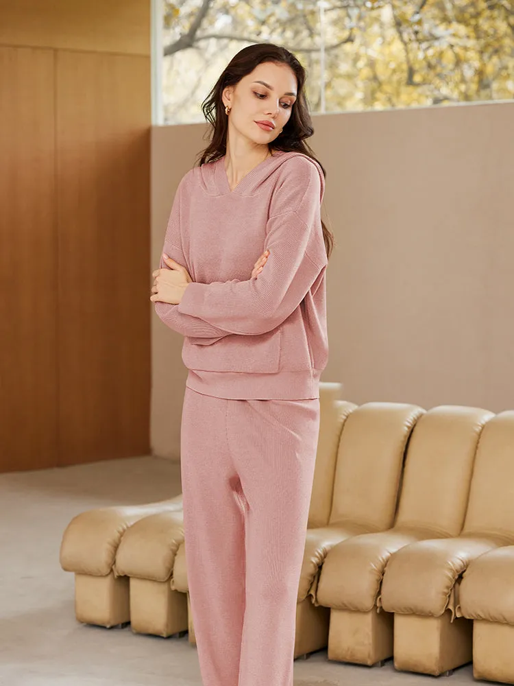 Women Pullover Hoodie Matching Wide Leg Pants Loose Knitted Sweatsuit with Pocket