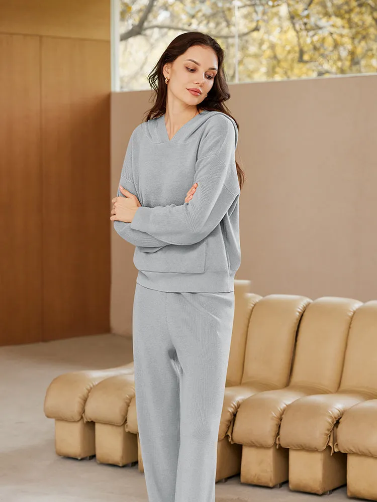 Women Pullover Hoodie Matching Wide Leg Pants Loose Knitted Sweatsuit with Pocket