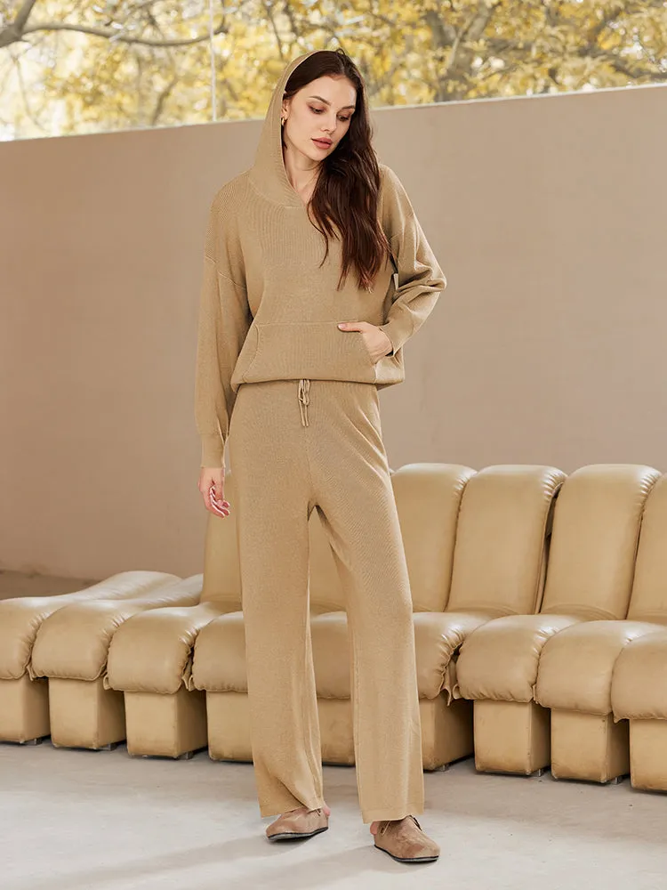 Women Pullover Hoodie Matching Wide Leg Pants Loose Knitted Sweatsuit with Pocket