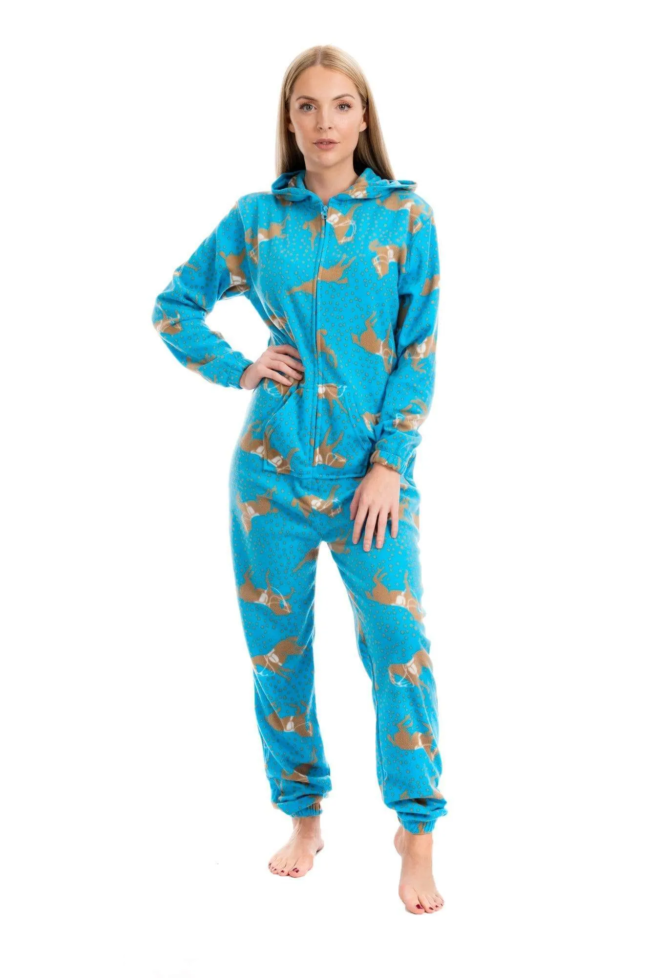 Women's Blue Horse Print Hooded Fleece Onezee Pyjama Set, Warm and Comfortable Nightwear, UK Sizes 10-20 by Daisy Dreamer