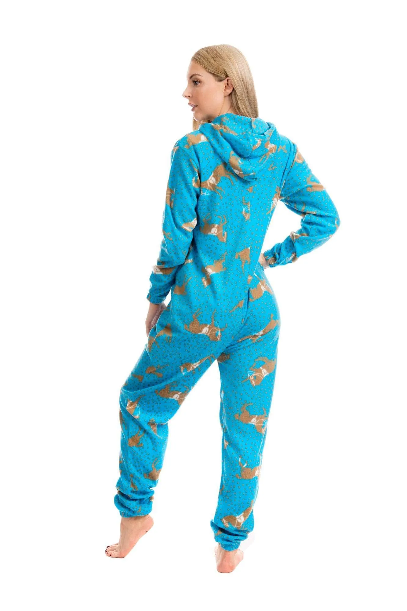 Women's Blue Horse Print Hooded Fleece Onezee Pyjama Set, Warm and Comfortable Nightwear, UK Sizes 10-20 by Daisy Dreamer