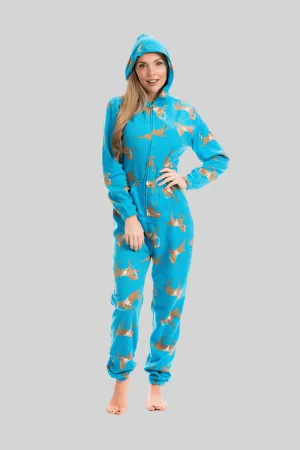 Women's Blue Horse Print Hooded Fleece Onezee Pyjama Set, Warm and Comfortable Nightwear, UK Sizes 10-20 by Daisy Dreamer