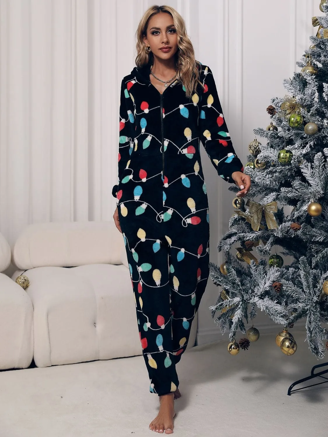 Women's Christmas Lights Zipper Front Hooded Onesie Jumpsuit with Pockets