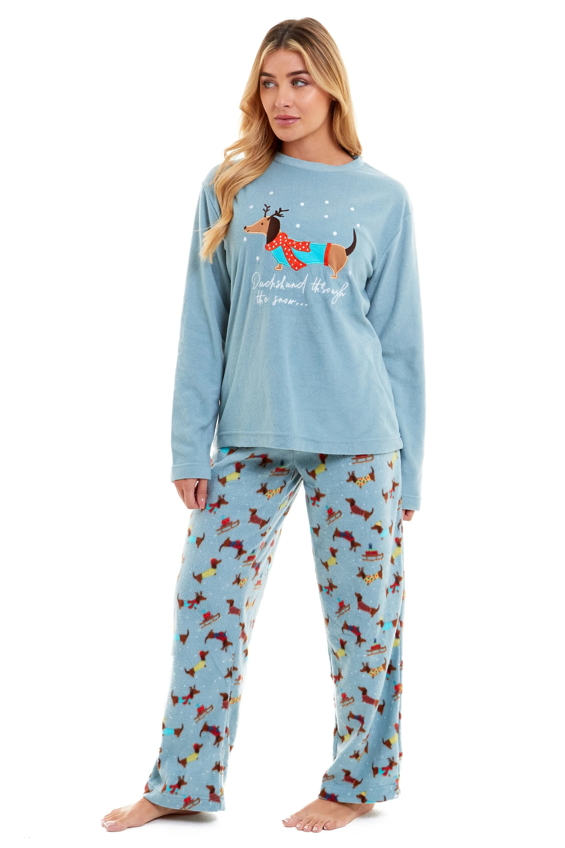 Women's Cosy Dachshund Polar Fleece Pyjama Set Soft Warm Winter Lounge Sleepwear Perfect Christmas Gift Sizes Small to X Large by Daisy Dreamer