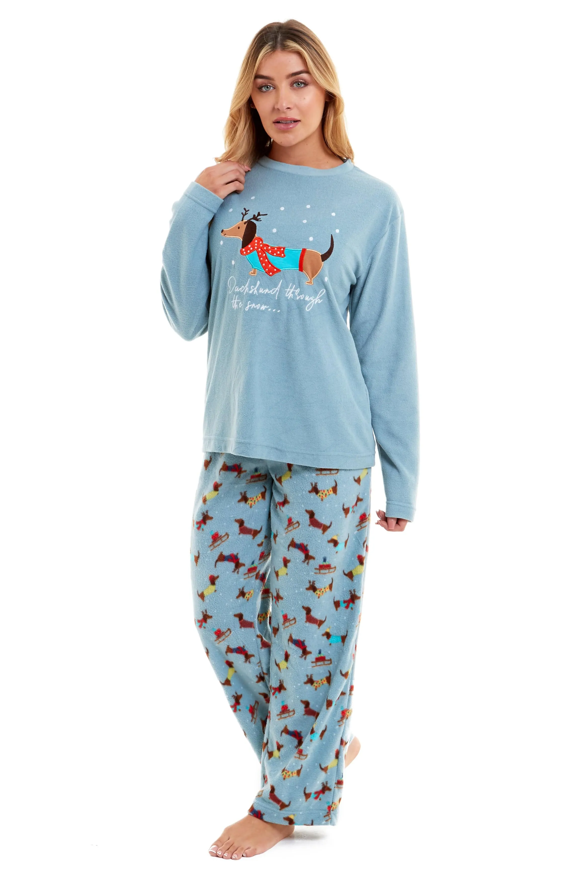 Women's Cosy Dachshund Polar Fleece Pyjama Set Soft Warm Winter Lounge Sleepwear Perfect Christmas Gift Sizes Small to X Large by Daisy Dreamer