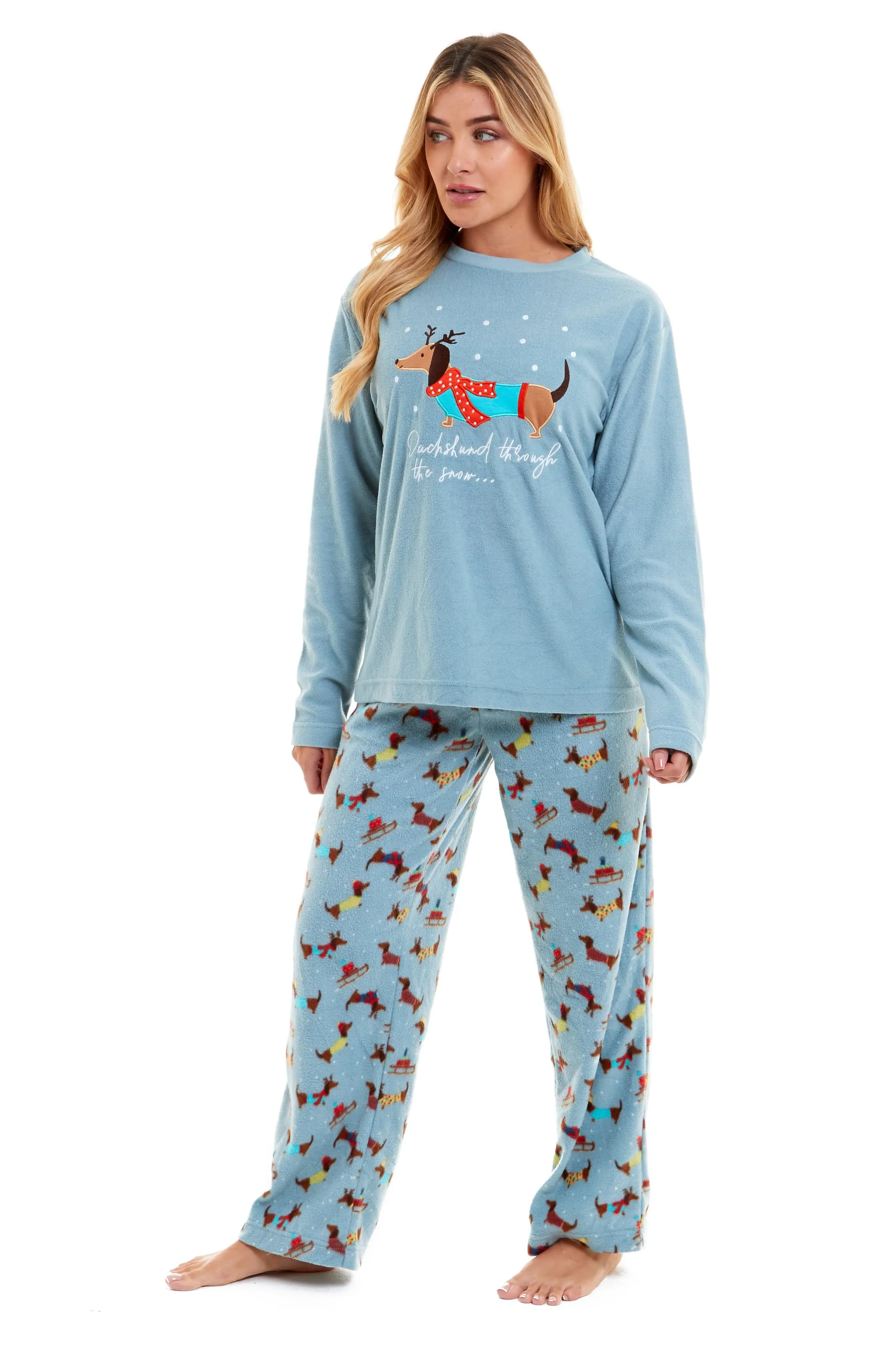 Women's Cosy Dachshund Polar Fleece Pyjama Set Soft Warm Winter Lounge Sleepwear Perfect Christmas Gift Sizes Small to X Large by Daisy Dreamer