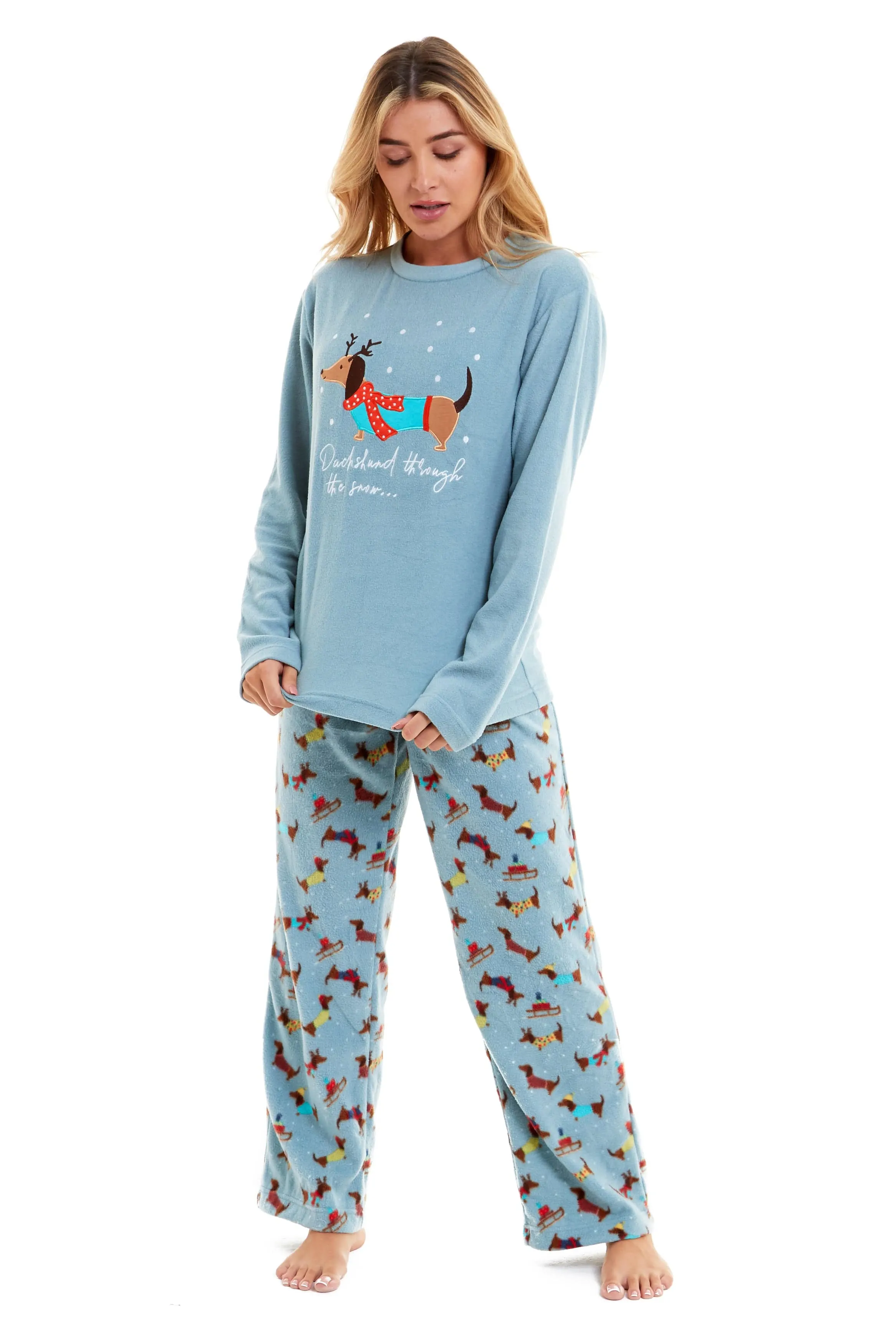 Women's Cosy Dachshund Polar Fleece Pyjama Set Soft Warm Winter Lounge Sleepwear Perfect Christmas Gift Sizes Small to X Large by Daisy Dreamer