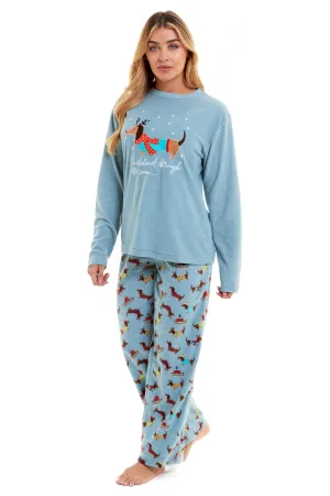 Women's Cosy Dachshund Polar Fleece Pyjama Set Soft Warm Winter Lounge Sleepwear Perfect Christmas Gift Sizes Small to X Large by Daisy Dreamer