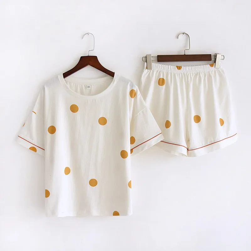 Women's Cotton Short Sleeved Shirt and Shorts Two-Piece Pajamas Set