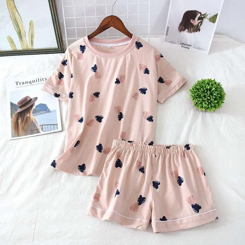 Women's Cotton Short Sleeved Shirt and Shorts Two-Piece Pajamas Set