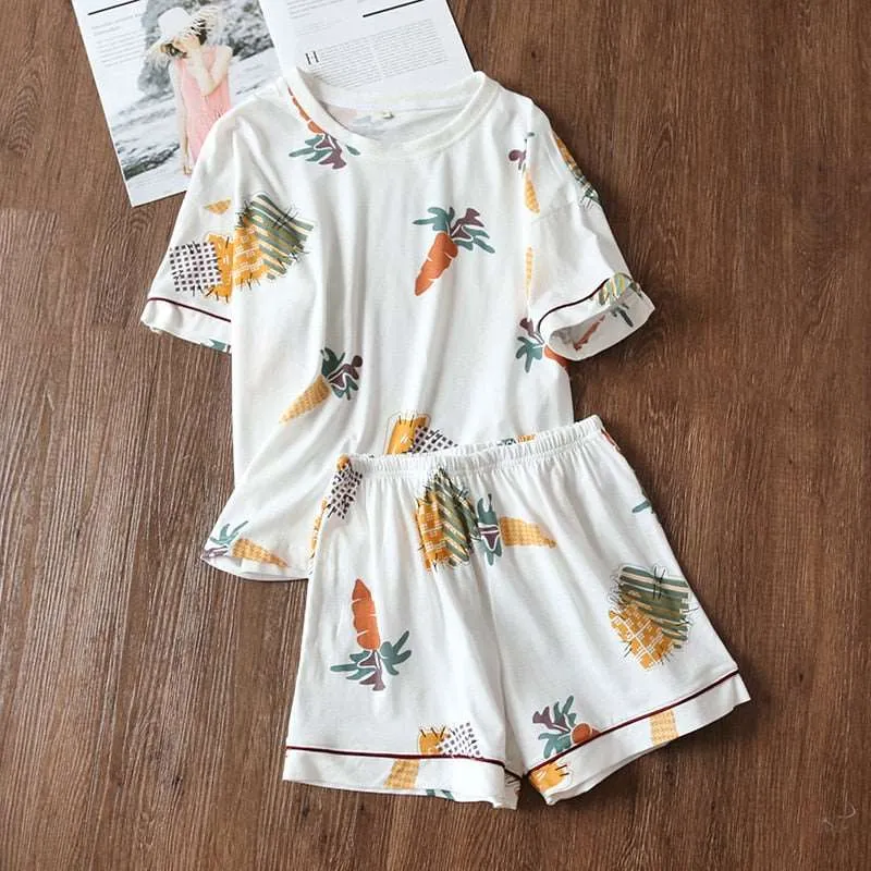 Women's Cotton Short Sleeved Shirt and Shorts Two-Piece Pajamas Set