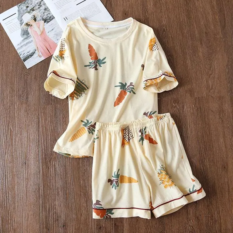 Women's Cotton Short Sleeved Shirt and Shorts Two-Piece Pajamas Set