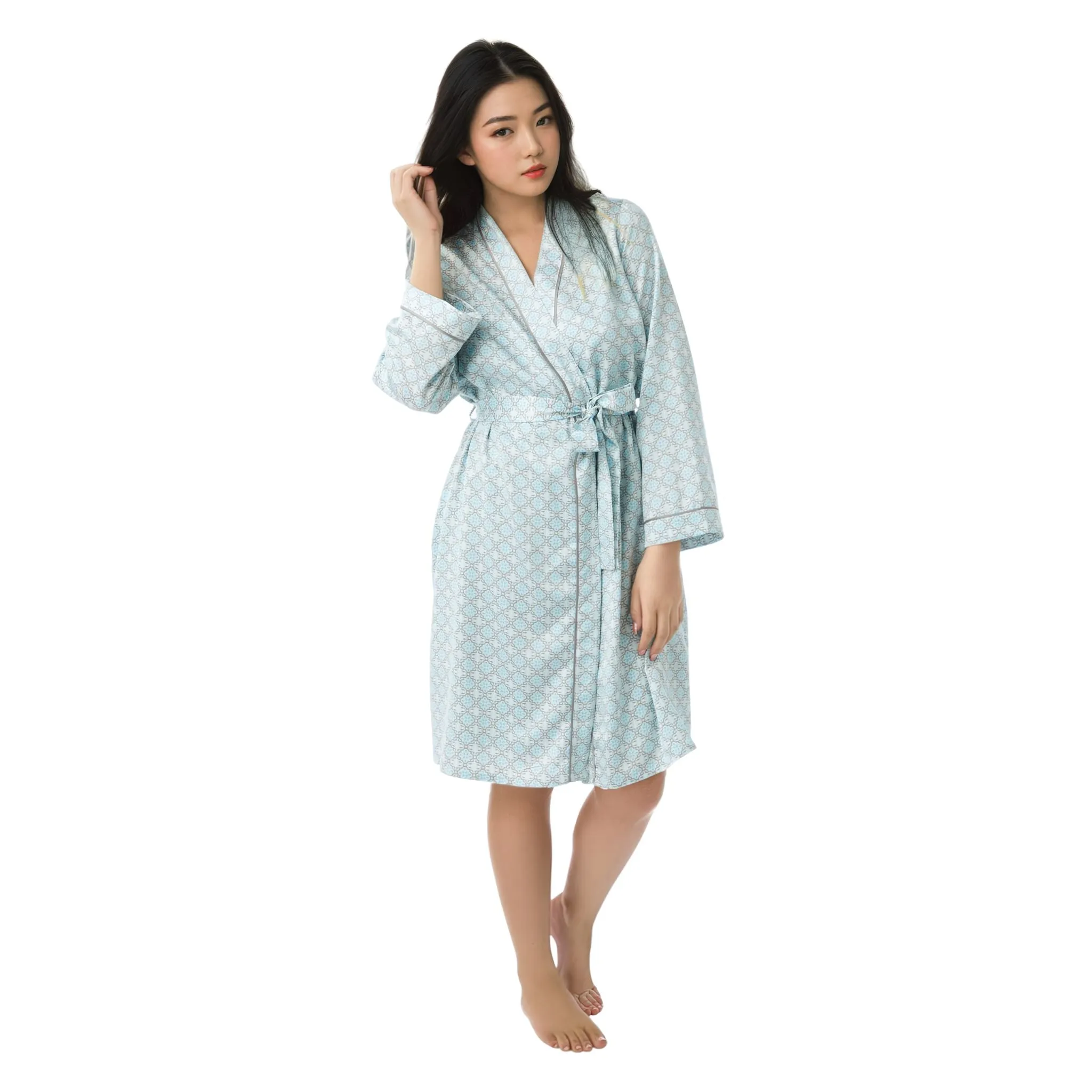 Women's Dressing Gown, Satin Kimono Bathrobe Nightwear Aqua and Coral