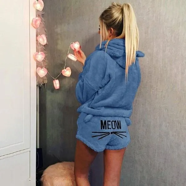 Women's Fashion Winter Pajamas Set Sweet and Cute Long-sleeved Velvet Warm Hoodie and Shorts Fashion Home Service Suit